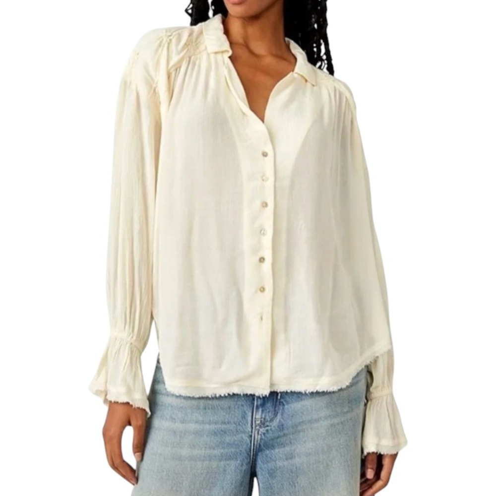FREE PEOPLE Ivory Crinkle Button-Up Shirt Top OLIVIA FRAY EDGE PEASANT Smocked S